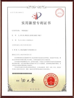 一種接線端子實用新型專利證書