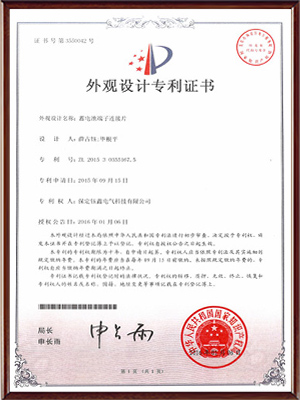 蓄電池端子連接片套件外觀設計專利證書